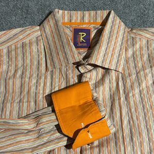 Robert Lewis Shirt Men XXL Orange Dobby Vertical Stripe Button Front Long Sleeve